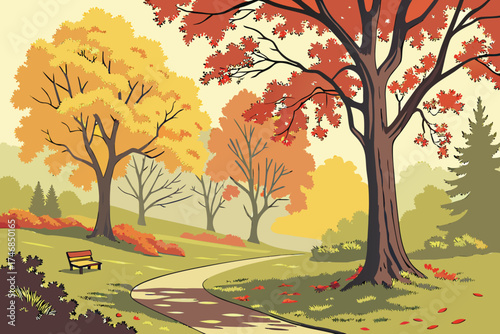  vibrant autumn landscape,scenic autumn forest,fall foliage trees,winding path through autumnal park,vivid seasonal colors,warm lighting,detailed nature scene,stunning outdoor scenery,lush forest wi