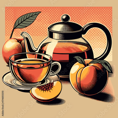 Peach and rooibos tea in glass teapot with peach slices in retro pop art vector design