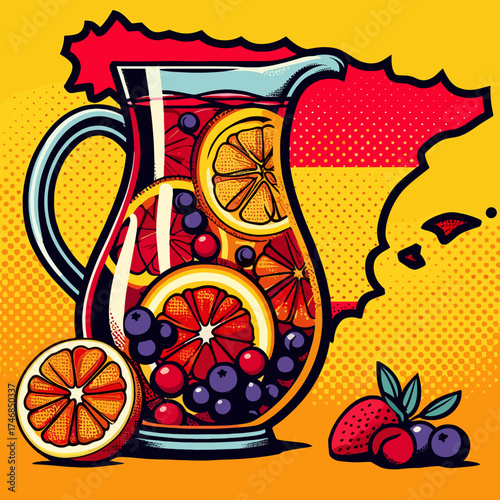 Spanish sangria with citrus slices and berries in pitcher in retro pop art style