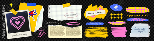  bright set of retro textured torn paper, including ripped notebook sheets, rough jagged edges, and old newspaper fragments, arranged in a trendy 90s collage style. Photo Frame, brush stroke elements
