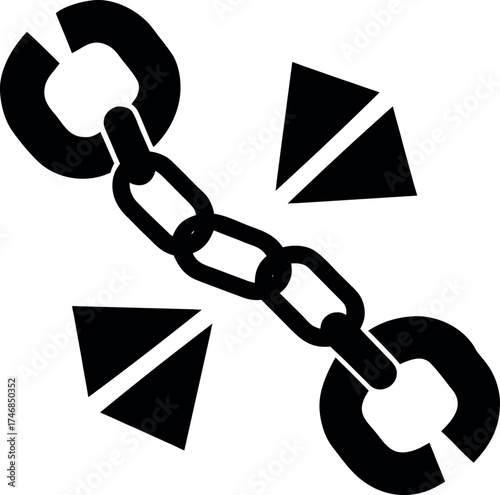 Broken chain links symbol with abstract shapes representing separation or disconnection