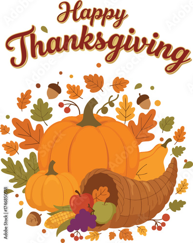 Happy Thanksgiving pumpkins and cornucopia illustration