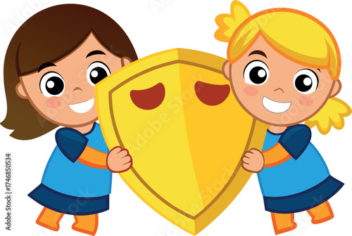 happy kids with shield, group kids smiling, cartoon children holding shield, protection safety kids, playful children group, safe kids fun, cheerful kids art, team shield protection, cartoon friendshi