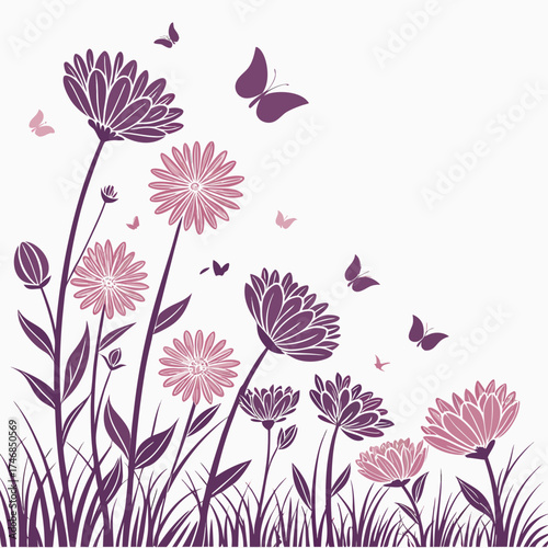 Vector art of a whimsical vector illustration of a vibrant flower garden with fluttering butterflies, creating a cheerful and enchanting scene