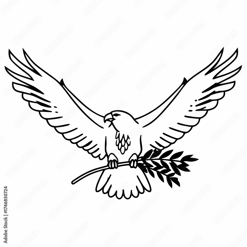 Fototapeta premium Vector art of a majestic bald eagle soars with wings spread wide, clutching an olive branch in its talons, symbolizing peace and freedom, a powerful emblem of hope and strength