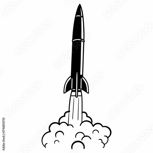 Vector art of a striking black and white line art illustration of a rocket launching into space, , symbolizing ambition, innovation, and the pursuit of new frontiers in exploration