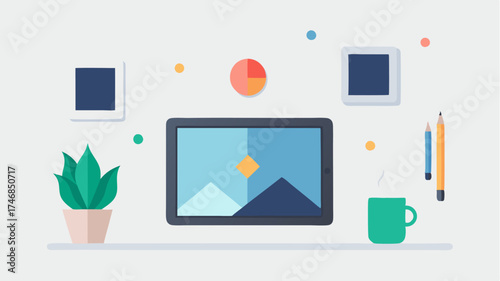 A minimalist workspace with a digital tablet displaying a colorful vector design on the screen complemented by sketches and inspiration postcards tered on a desk.