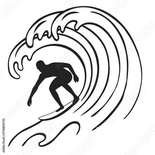 Vector art of a captivating black and white line art illustration of a surfer skillfully riding a large wave, , symbolizing the freedom, skill, and exhilaration of surfing