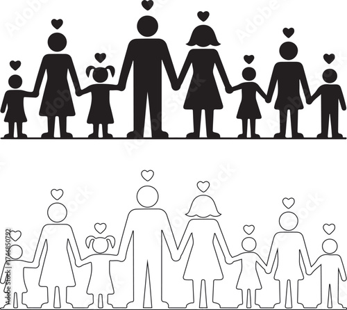 Happy family silhouettes holding hands together with love hearts above their heads