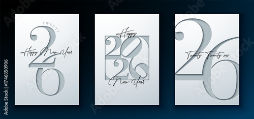 Minimalist Happy New Year 2026 Greeting Card Design Set with Cut Out Typography Number on White Background. Christmas Holiday Celebration Logo Illustration for Calendar, Flyer, Banner, Poster, Party
