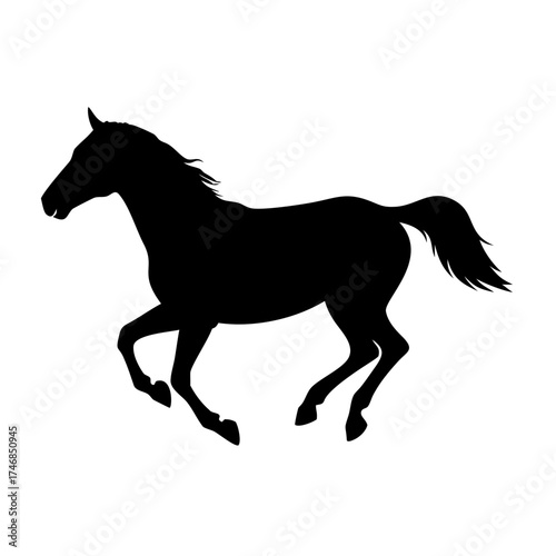 Vector art of silhouette of a majestic horse galloping gracefully, capturing the essence of freedom and power in its fluid motion, a timeless symbol of strength and beauty