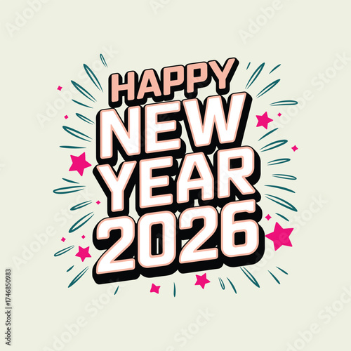 Happy New Year 2026 Bold Typography with Stars and Fireworks on Light Background