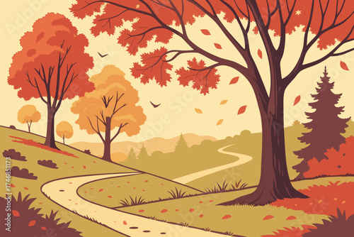  vibrant autumn landscape,scenic autumn forest,fall foliage trees,winding path through autumnal park,vivid seasonal colors,warm lighting,detailed nature scene,stunning outdoor scenery,lush forest wi