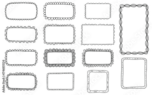 Hand Drawn Doodle Frame Vector Set. Black Sketch Collection of Round Edge and Decorative Rectangle Borders. Cute Line Art Elements for Scrapbooking, Photo Edges, Text Boxes, and Kids' Design.