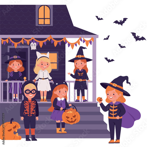 Vibrant 2D vector illustration of Halloween trick-or-treaters: a witch, ghost, and superhero among children on a decorated porch with a pumpkin basket.
