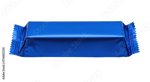 Isolated blue candy bar in foil wrapper, snack wrapped in packaging, sweets treat concept