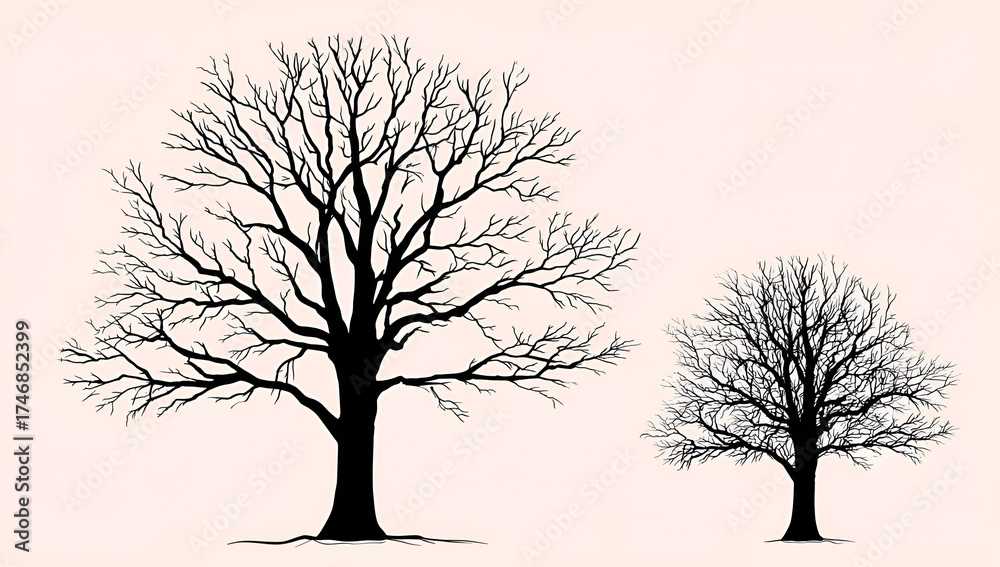 Obraz premium Silhouettes of two bare trees against a soft pink background, showcasing their distinct forms and intricate branches.