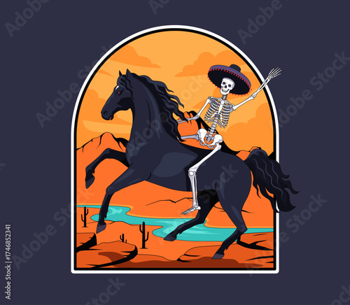 A cheerful skeleton rides a horse and greets everyone,  halloween poster illustration