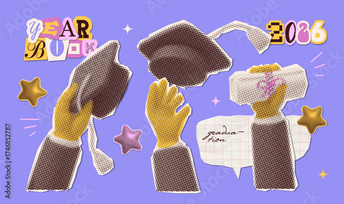 Hands with a halftone effect throw graduation hats into the air. Horizontal banner on the graduation theme in retro collage style. Happy graduation day. Vector stickers set