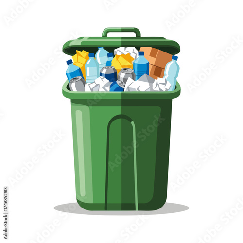 A green trash can filled to the brim with rubbish