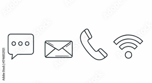 Minimal 4 Icon Vector Set – Communication Symbols of Chat Bubble, Phone, Envelope and WiFi in Simple Outline Style on White Background