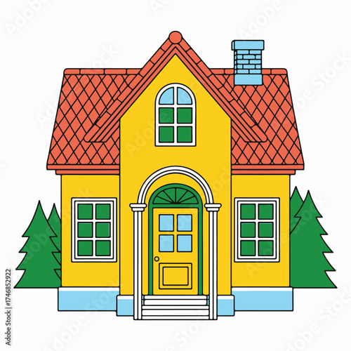 Charming yellow suburban house illustration with a vibrant red roof, perfect for real estate, home ownership, and cozy living concepts in a clean vector outline style