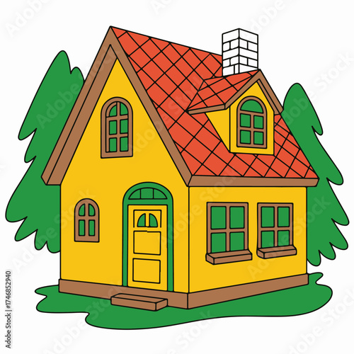 Vibrant cartoon illustration of a cozy yellow house with a bright red roof and lush green trees, depicting a welcoming home, perfect for residential designs