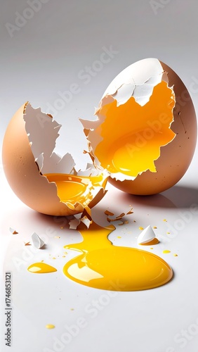 A cracked egg spills its vibrant yolk onto a white surface. The shell is in pieces