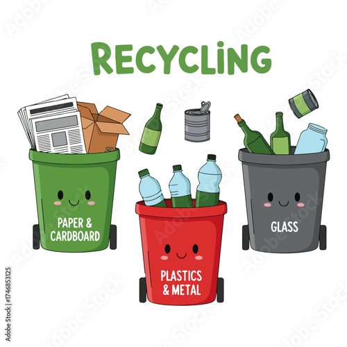 Cute cartoon recycling bins for waste separation