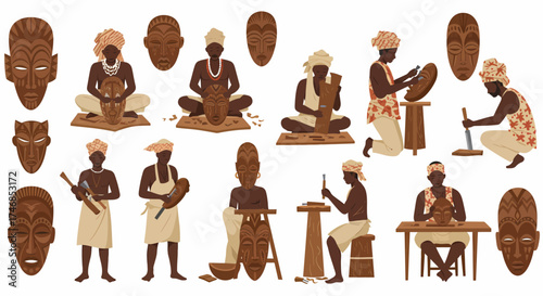 African artisans carving and displaying traditional wooden masks in a patterned arrangement