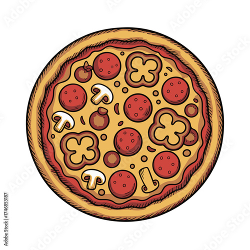 Delicious slice of Italian pepperoni pizza with tomato and cheese on a white background
