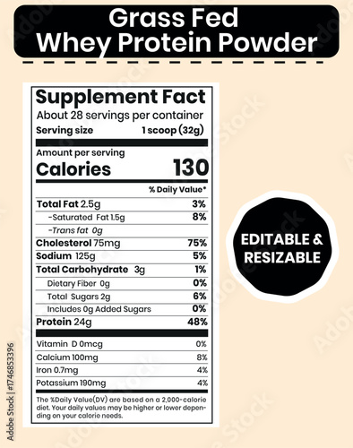 Grass Fed Whey Protein Powder Supplement Facts Label Template , Editable Organic Nutrition Panel Design