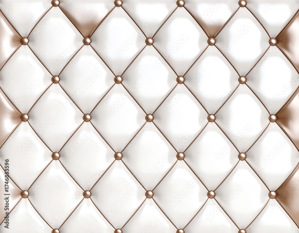 Fototapeta premium A close-up view showcases a luxurious quilted pattern in white, accented with golden studs creating a tactile geometric composition