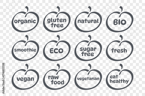 Organic, gluten, sugar free, natural, vegan, bio, eco, vegetarian, fresh, smoothie, raw food vector sign. Product sticker. Isolated label set. Symbol for labeling, healthy eating, diet