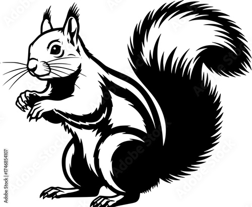 Black and White Squirrel, standing in a bold, graphical way, ready for action.
