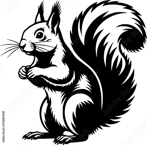 Black and White Squirrel, standing in a bold, graphical way, ready for action.

