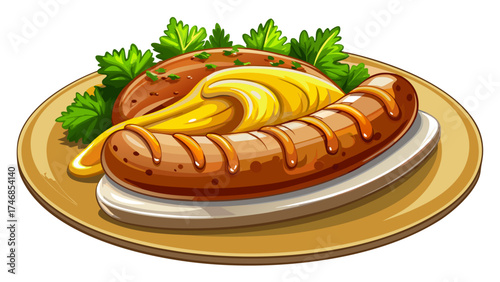 Very beautiful close-up traditional Bavarian bratwurst served on a plate with mustard and fresh parsley, vector-style illustration highlighting golden-brown sausage texture, vibrant garnishes, and app