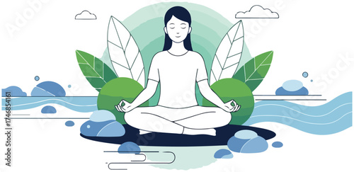 Peaceful woman practices meditation in a serene natural setting