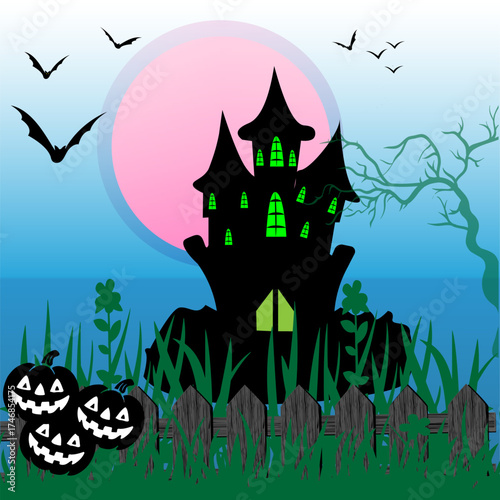 A Halloween background with a haunted house sets a chilling and mysterious scene. The dark silhouette of the house, often glowing with eerie lights, evokes a sense of suspense and adventure.