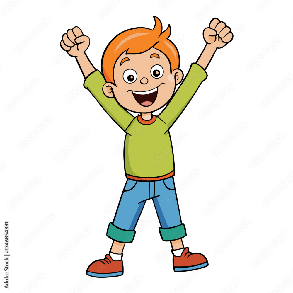 Fototapeta premium Cartoon boy with arms raised in happy celebration