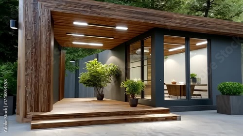 Modern house design features large windows and natural elements in a serene outdoor setting