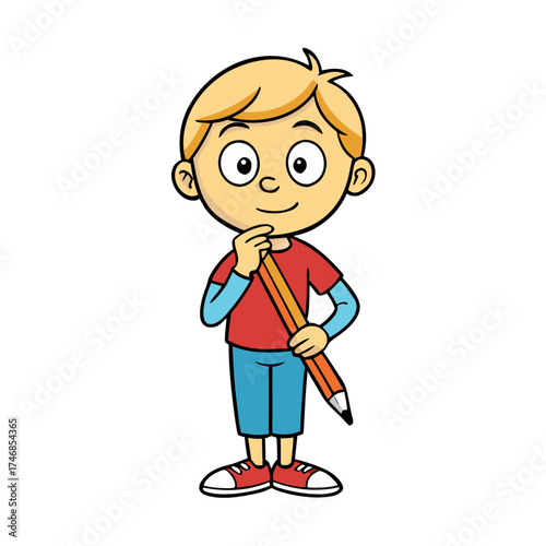 Cartoon boy thinking with a pencil in thoughtful pose