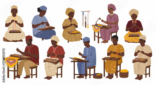 Diverse group of people crafting intricate beaded jewelry pieces