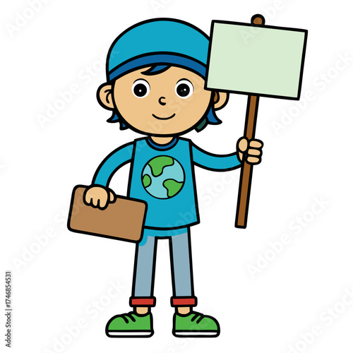Cartoon kid holding a sign and protesting for the environment