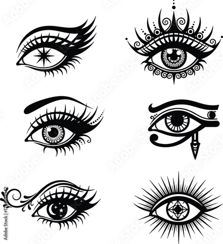 Mystical eye illustration set with star, heart, triangle, spiral, Eye of Horus, symbolic black and white designs for surreal, cultural, spiritual art themes