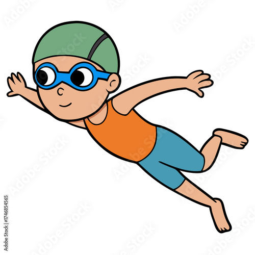 Cartoon kid swimming in water with goggles and swim cap