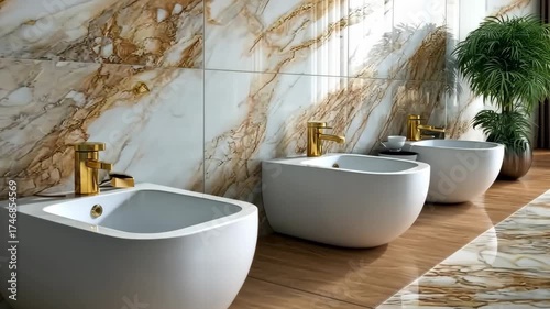 Modern bathroom design featuring elegant freestanding sinks with gold fixtures and luxurious marble walls and floor
