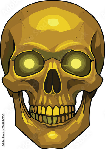 Golden skull illustration, glowing eyes fantasy design, horror treasure symbol, mystical skeleton head artwork, dark gothic decorative drawing