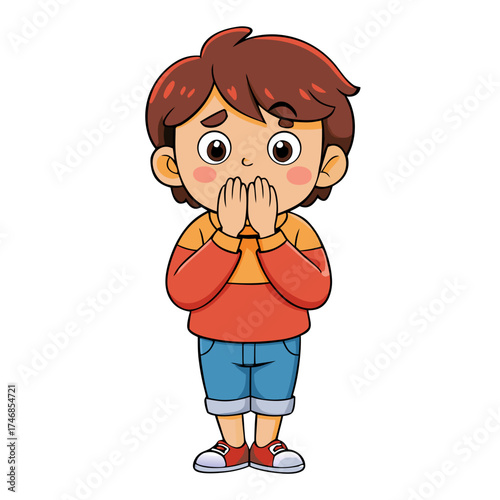 Embarrassed cartoon boy covering mouth with both hands