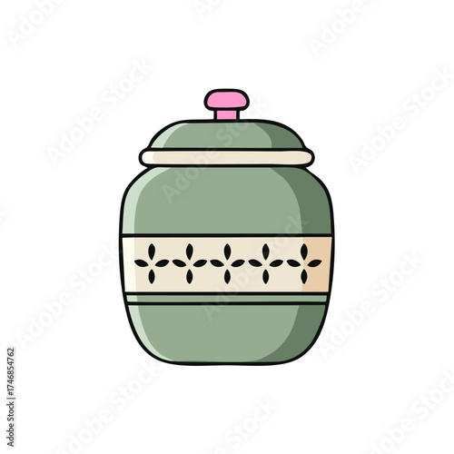 A colorful vector illustration of different types of fruit and food set in traditional ceramic pots, bowls, and cups